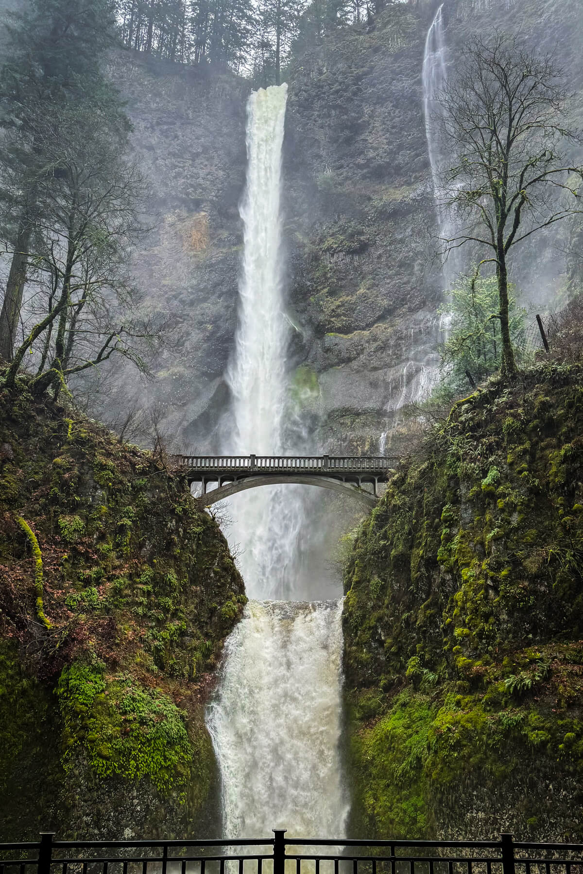 Multnomah Falls and Benson Bridge, Oregon Multnomah Falls and Benson Bridge on a misty day in the Columbia River Gorge.