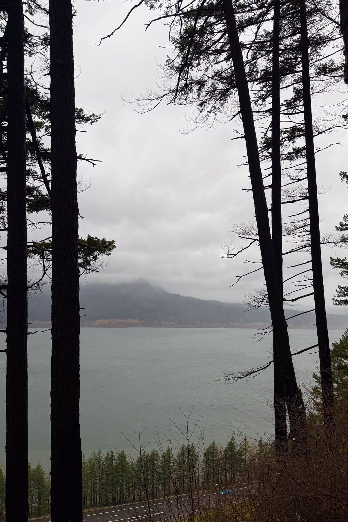 View from the Multnomah Falls Trail Misty Columbia River Gorge view from the Multnomah Falls hiking trail.