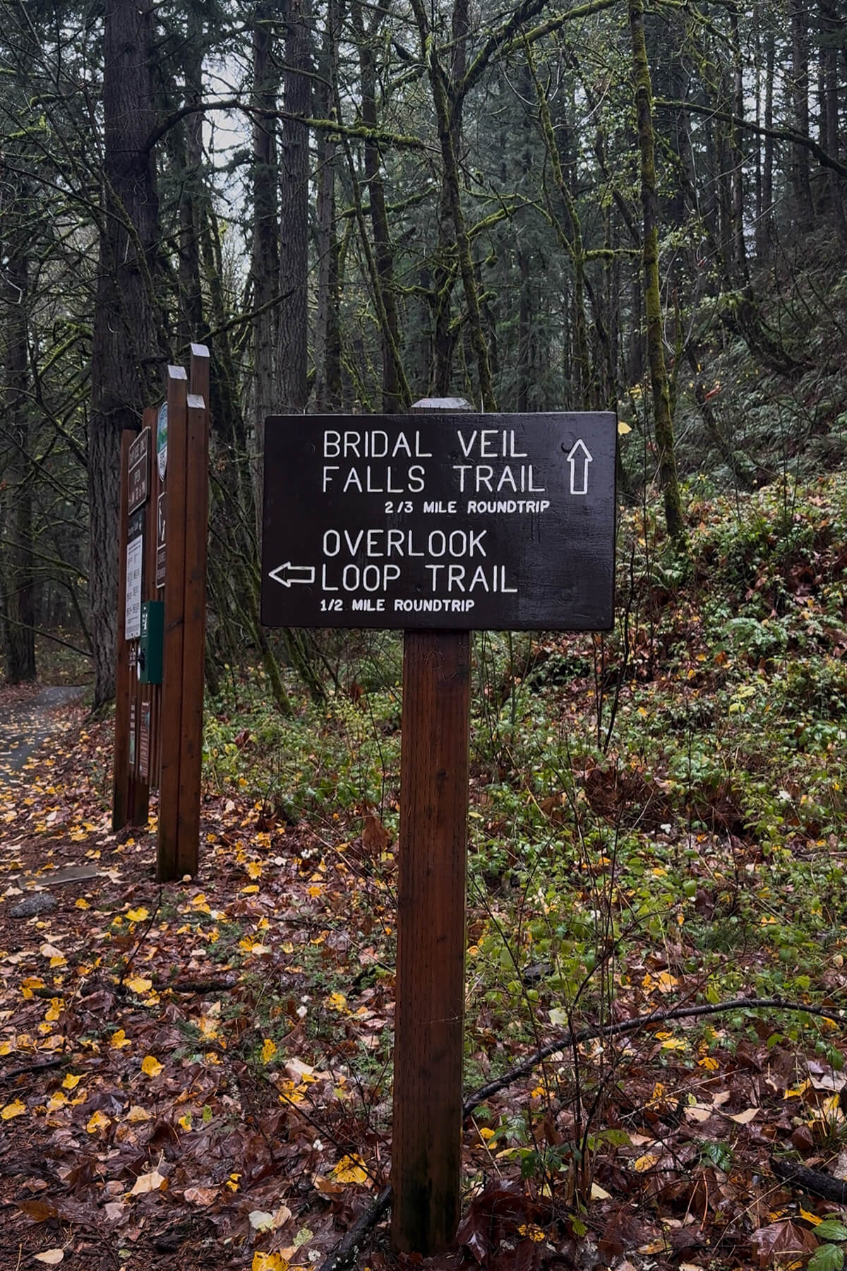 Bridal Veil Falls Trail Sign Bridal Veil Falls Trail sign showing the two-thirds-mile round-trip hike in the Columbia River Gorge.