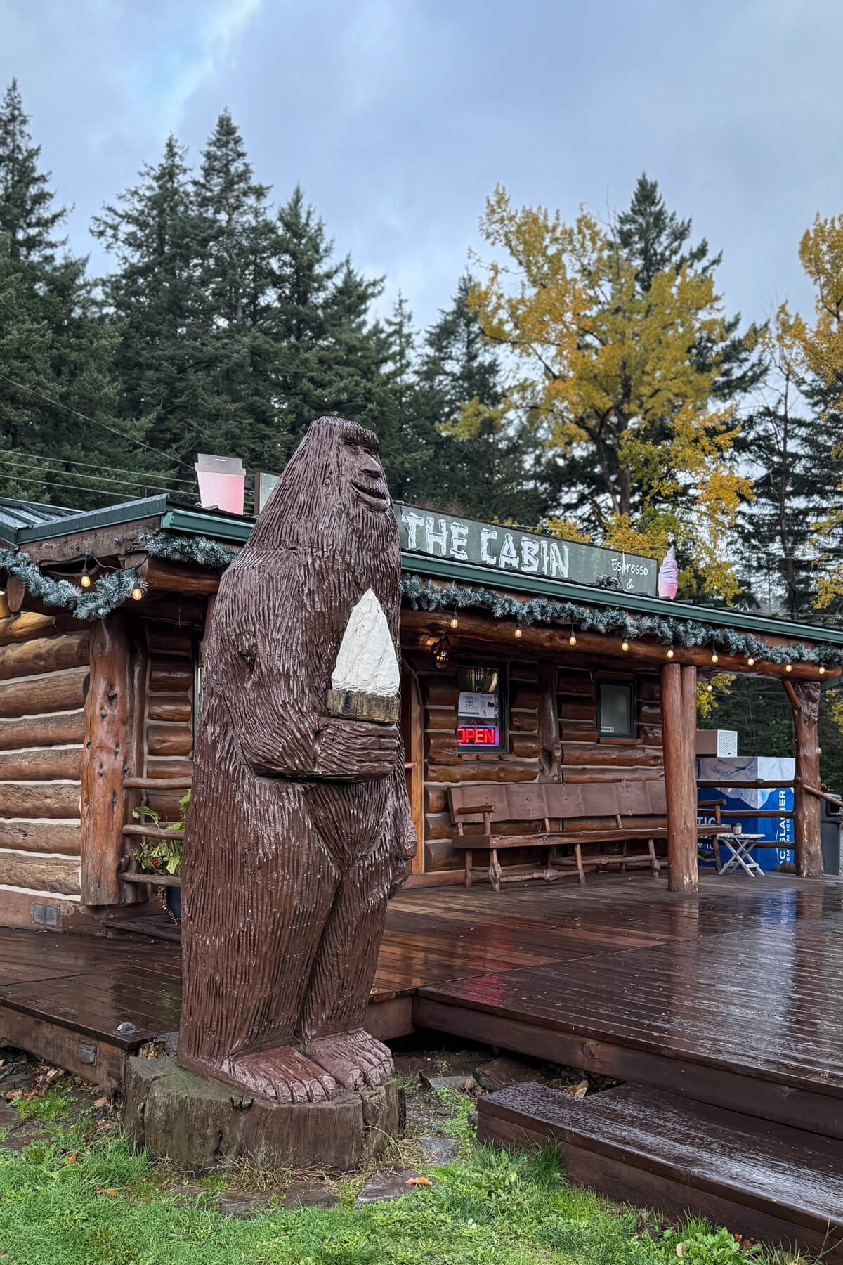 The Cabin drive-thru in Stevenson, WA Bigfoot statue outside The Cabin Drive-Thru coffee shop in Stevenson, Washington.