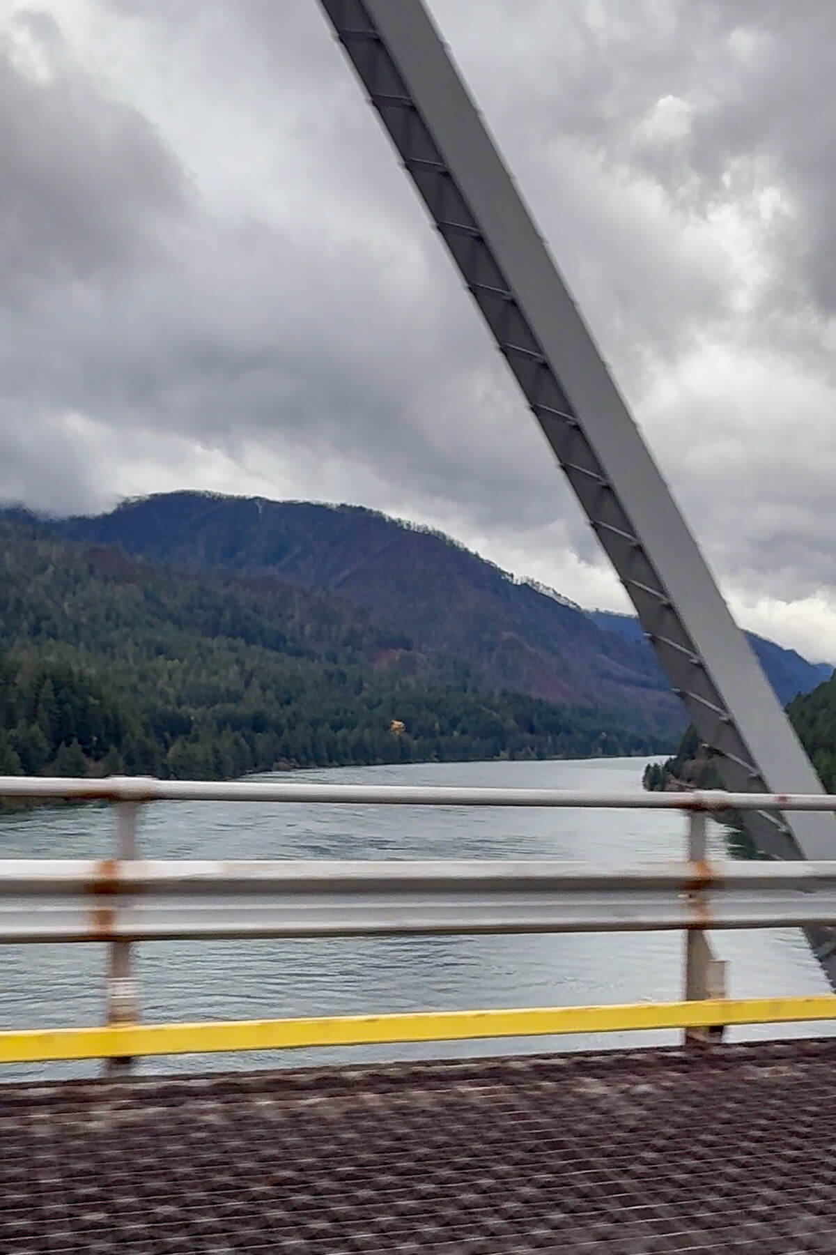 Crossing the Bridge of the Gods View of the Columbia River Gorge while crossing the Bridge of the Gods from Oregon into Washington.